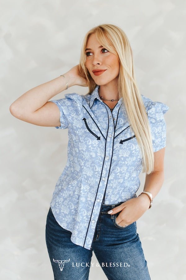 LUCKY & BLESSED "Wildflower Rodeo" Blue Western Toile Puff Sleeve Pearl Snap Shirt (medium remains)