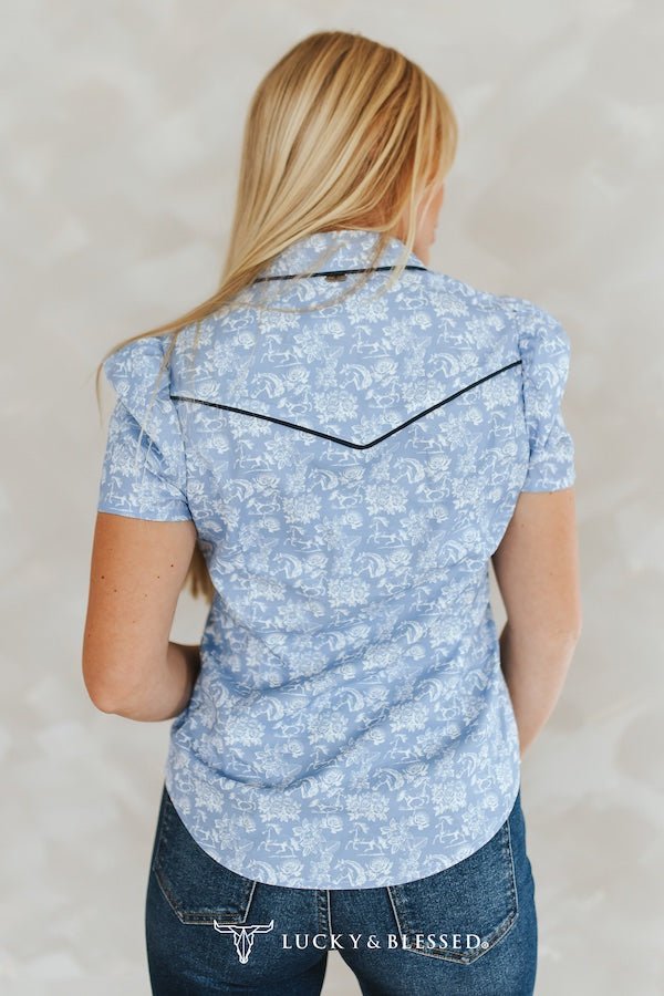 LUCKY & BLESSED "Wildflower Rodeo" Blue Western Toile Puff Sleeve Pearl Snap Shirt (medium remains)